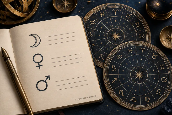 Lined chart-reading notebook with Moon, Venus, and Mars symbols beside two engraved zodiac discs.