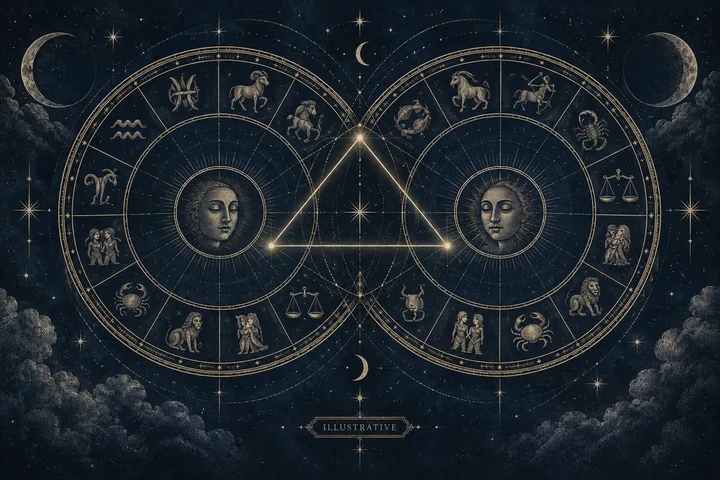 Engraved midnight-blue zodiac wheel with two linked chart circles and a quiet open path between them.