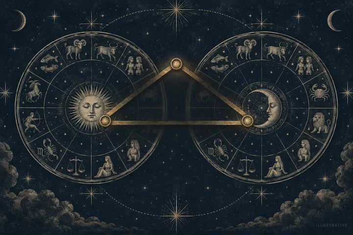 Illustrative synastry diagram showing a flowing trine line connecting two planetary symbols across the chart.