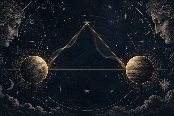 Close-up illustrative chart symbols joined by a brass trine, suggesting a gentle connection that still needs words.