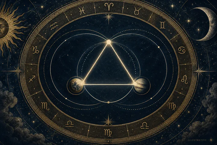 Illustrative couple-facing chart symbols beside a marked action path, showing how astrological ease becomes shared practice.