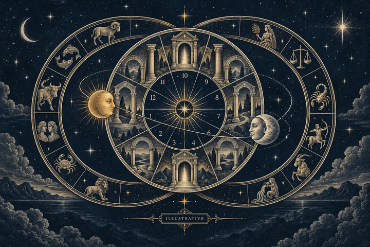 An ornate golden zodiac wheel with numbered sections, arched buildings, sun and moon faces, and zodiac figures against a starry night sky; a small banner reads ‘Illustrative.’