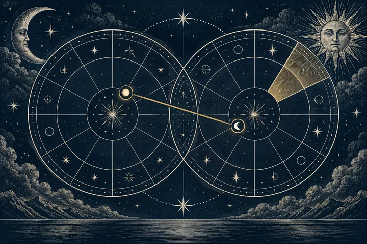 Two overlapping circular star charts joined by a gold line, with a crescent moon and a sun against a starry night sky.