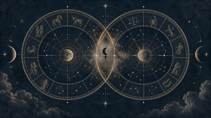 Two overlapping circular zodiac diagrams with star patterns and planetary symbols on a dark, cloudy night-sky background; a crescent-and-cross symbol appears at the center.