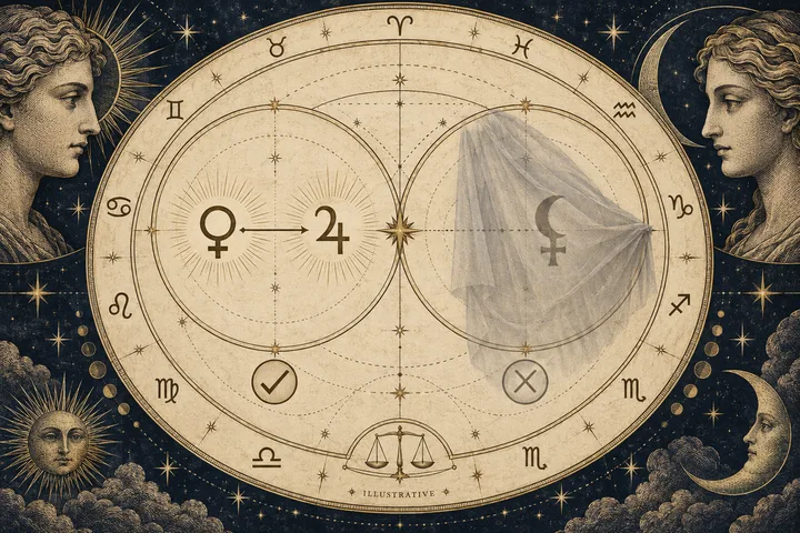 An oval zodiac diagram shows two planetary symbols connected by an arrow with a check mark on the left, and a veiled crescent-and-cross symbol with an X on the right; classical faces, stars, clouds, a sun, and a crescent moon surround it.