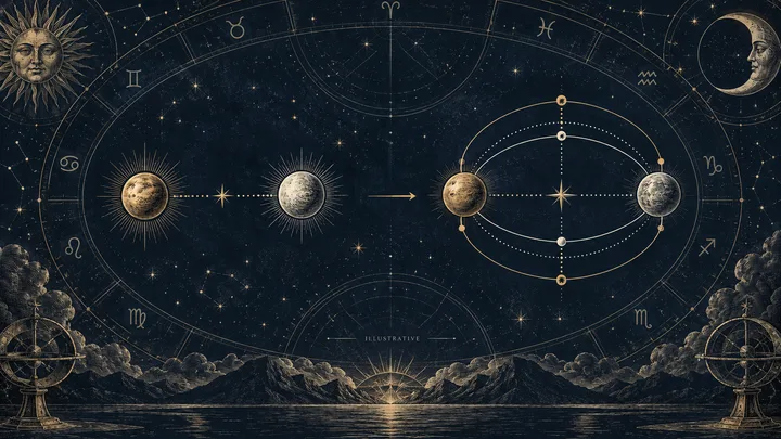 A dark starry illustration with zodiac symbols, sun and moon faces, two pairs of celestial spheres linked by dotted lines, and an oval orbital diagram above mountains and water.