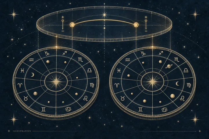 Two circular zodiac diagrams with symbols and small celestial objects sit beneath a large oval ring connected by dotted lines against a starry background.