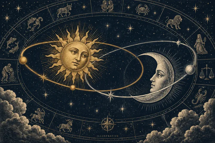 Gold engraved sun and crescent moon with faces sit among orbit lines, stars, and zodiac figures on a dark blue chart; ‘ILLUSTRATIVE’ appears below.