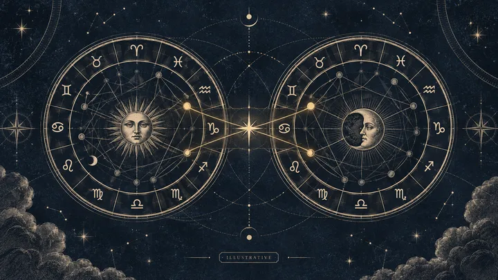Two circular zodiac diagrams with a sun face in the left circle and a moon face in the right circle, connected by a bright central star against a dark starry sky.