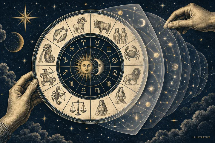 Hands hold a large illustrated zodiac wheel layered over translucent circular star charts, with a sun and moon at the center and clouds below.