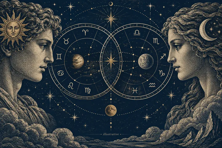 Two classical profile faces look toward overlapping zodiac circles containing planets and stars, with a sun on the left and a crescent moon on the right.