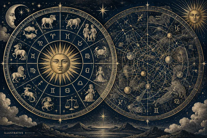 Two adjacent circular charts fill a starry sky: the left has a central sun face and illustrated zodiac figures, while the right contains dense intersecting lines and planets.