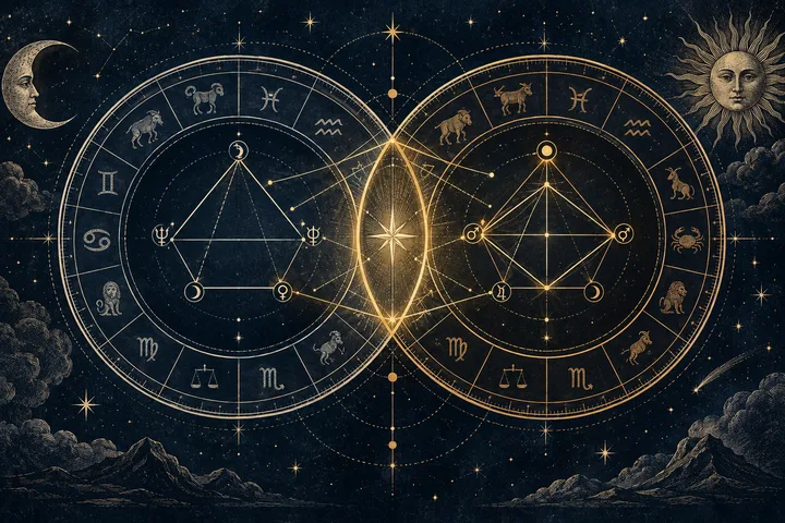 Illustrative midnight-blue bi-wheel with two brass planetary paths converging on a highlighted natal aspect pattern
