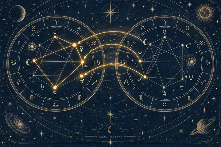 Illustrative close-up of Moon, Venus, and Mars symbols joined by brass conjunction and square lines