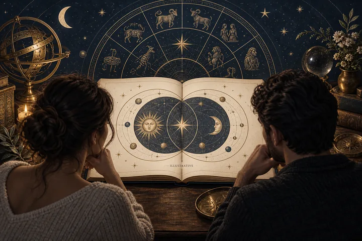 Two people viewed from behind study an open illustrated book at a table, beneath a large zodiac circle with stars and a crescent moon.