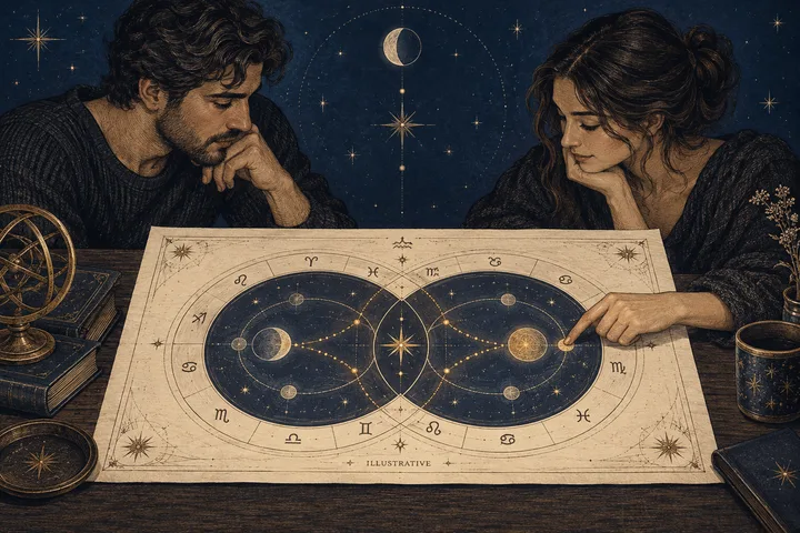 Two people examine a large illustrated circular chart on a table; one points to it, with books, an armillary sphere, and a cup nearby.