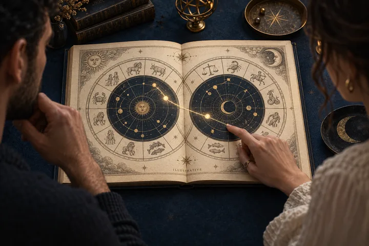 An open illustrated book shows two circular star charts connected by a bright line, while two people point and look from opposite sides.