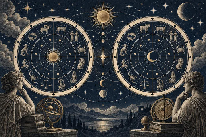 Two circular zodiac charts with sun and moon symbols appear in a starry night sky, with seated figures and books below.