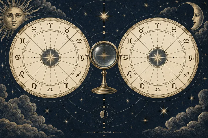 Two zodiac wheels flank a magnifying glass against a starry background; the word “Illustrative” appears below.
