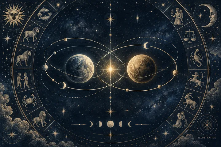 An engraved celestial chart shows two large planets on intersecting orbital paths around a bright central star, surrounded by stars, moon phases, zodiac figures, and an outer zodiac wheel.