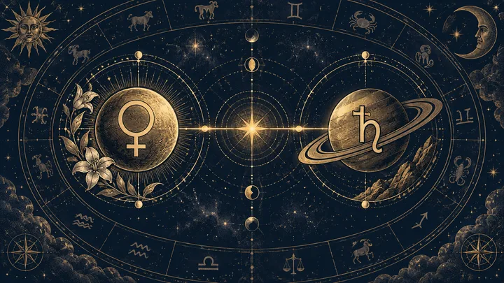 Engraved midnight-blue synastry illustration showing balanced Venus and Saturn symbols connected by a luminous central aspect line inside a zodiac wheel.
