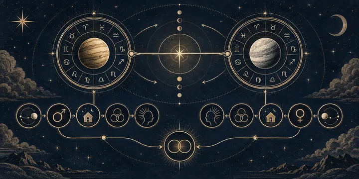 Engraved two-sided synastry diagram with equal planetary chart fields, reciprocal arrows, and symbolic layers for orb, context, repeated themes, and lived behavior.