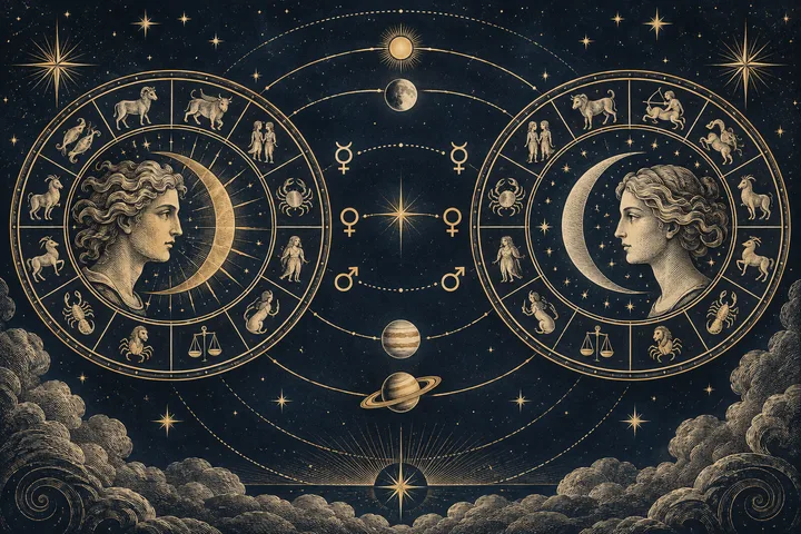 Two classical profile portraits face each other in circular zodiac wheels, with planetary symbols and dotted lines between them against a starry dark sky.