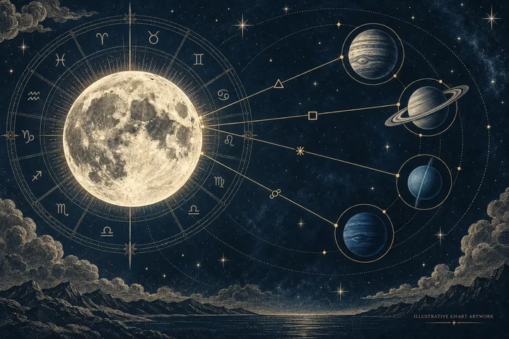 Illustrative midnight-blue artwork showing one zodiac wheel centered on a large Moon, four illustrated planets to the right, and brass aspect lines connecting them beneath a starry sky.