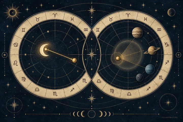 Illustrative brass aspect diagram with a bright crescent Moon line crossing two ivory zodiac wheels, beside wider Uranus, Neptune, and Pluto lines marked across the synastry comparison.