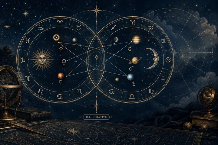 Two overlapping circular zodiac diagrams with planetary symbols and connecting lines, set against a starry night sky with a sun face, a crescent moon, books, and brass astronomical instruments.
