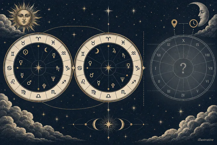 Two circular zodiac diagrams with planetary symbols appear beside a larger faint circle divided into numbered sections with a question mark in the center; a sun, crescent moon, clouds, stars, and a location pin are also visible.