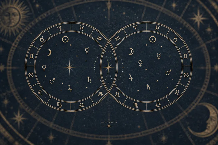 Two overlapping circular zodiac diagrams contain planetary symbols and small stars, with a larger faint zodiac circle and celestial motifs in the background.