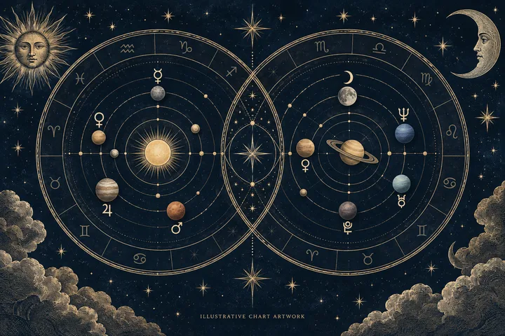 Editorial illustration accompanying: Why should a synastry reading name the planets before it names the signs?