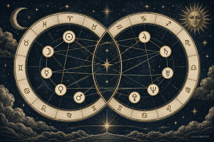 Editorial illustration accompanying: Why should a synastry reading name the planets before it names the signs?