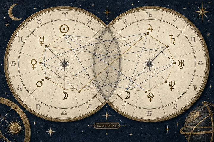 Editorial illustration accompanying: Why should a synastry reading name the planets before it names the signs?