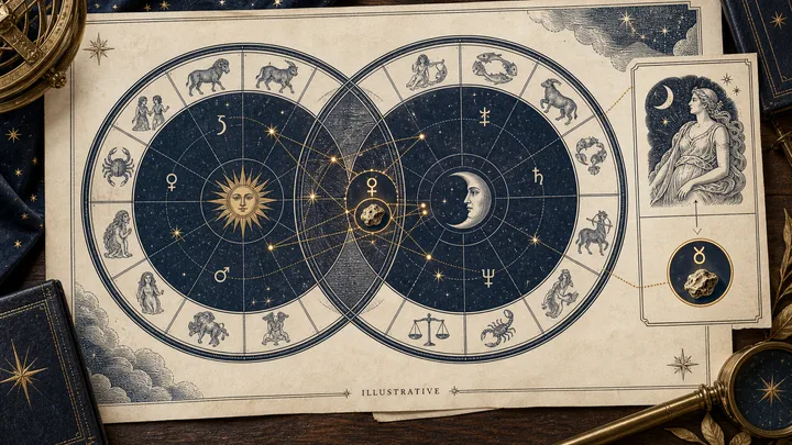 Editorial illustration accompanying: Why should a synastry reading name the asteroid, not just its myth?