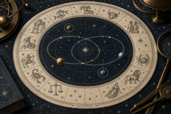 Editorial illustration accompanying: Why should a synastry reading name the asteroid, not just its myth?