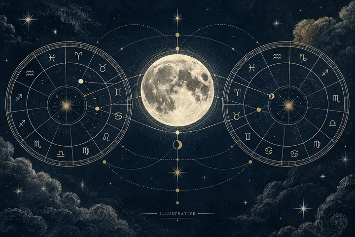 Illustrative synastry wheel with a luminous Moon at the center, showing why a fast-moving Moon needs careful chart inputs.