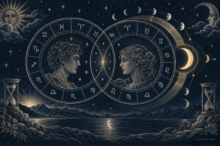 Illustrative paired zodiac wheels with two human profiles, a central star, and lunar imagery beside the right wheel.