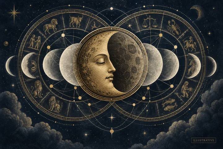 Illustrative paired zodiac wheels framed by lunar phases around a large central Moon.