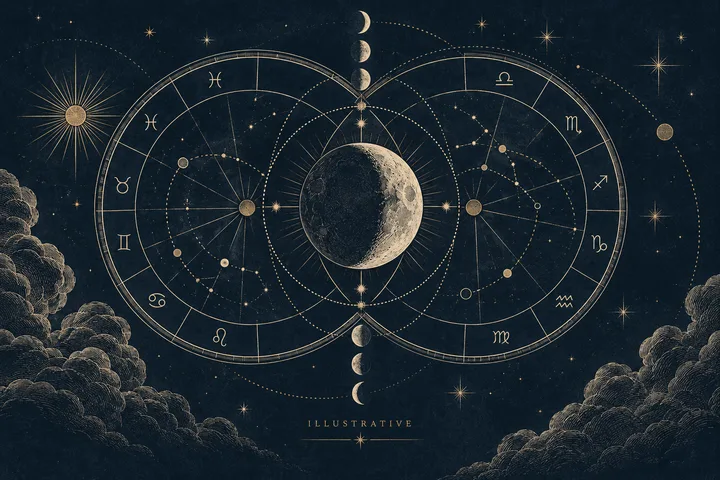 Illustrative two-wheel zodiac comparison with a central Moon, orbit lines, and small planetary symbols.