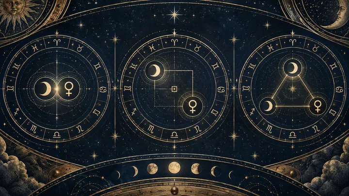 Illustrative engraved astrology artwork showing three zodiac charts with the same Moon and Venus pair joined by different geometric relationships.