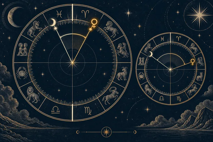 Illustrative engraved comparison of two zodiac wheels, with Moon and Venus close together in one and separated by a right-angle aspect in the other.