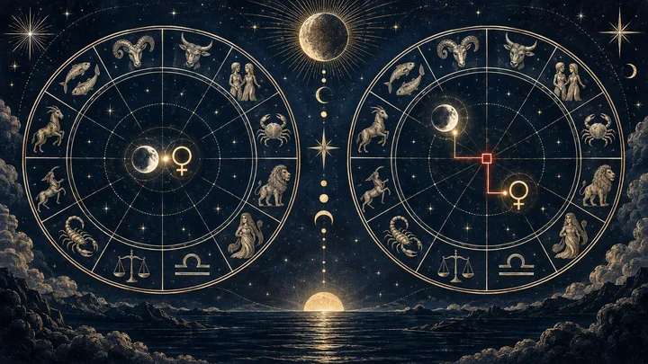 Close-up illustrative zodiac wheel in midnight blue and brass, featuring Moon and Venus symbols within an engraved degree-based chart study.