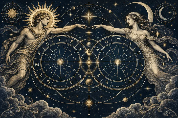 Two figures reach toward each other above overlapping zodiac wheels labeled ‘illustrative,’ surrounded by stars, a sun and a crescent moon.