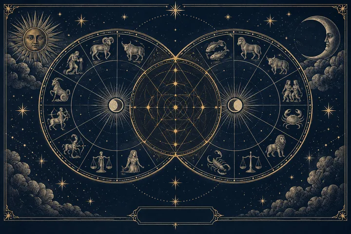 Illustrative artwork, not a calculated couple’s chart: two overlapping zodiac wheels with animal and human figures, a geometric star pattern, a sun and a crescent moon, engraved in gold on a dark blue background.