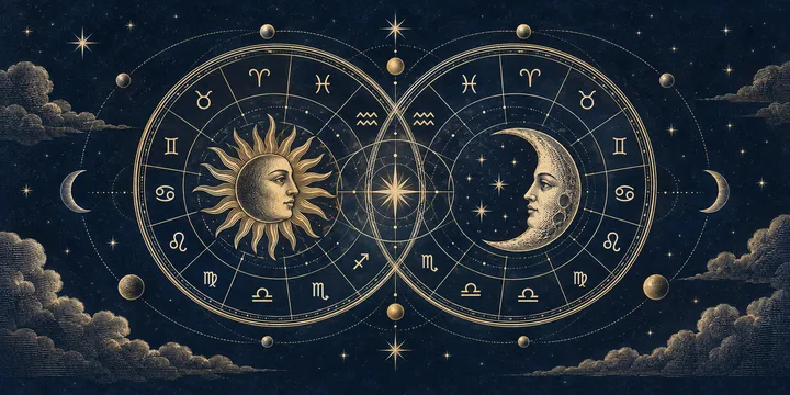 Midnight-blue synastry artwork with two zodiac rings, brass aspect lines, and a Sun-Moon pairing at the center.
