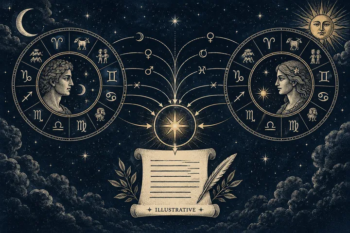Illustrative brass Moon, Venus, and Mars symbols crossing between two ivory zodiac circles on a midnight-blue chart field.