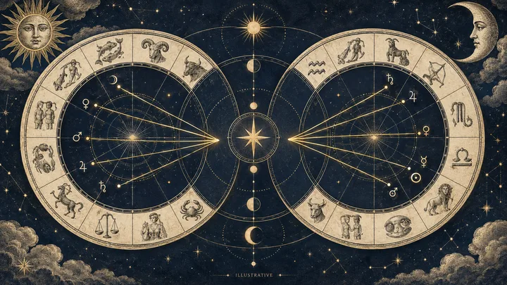 Illustrative brass zodiac wheel on midnight blue, with two interlocking chart paths separating toward a warm star and a dark Saturn ring.
