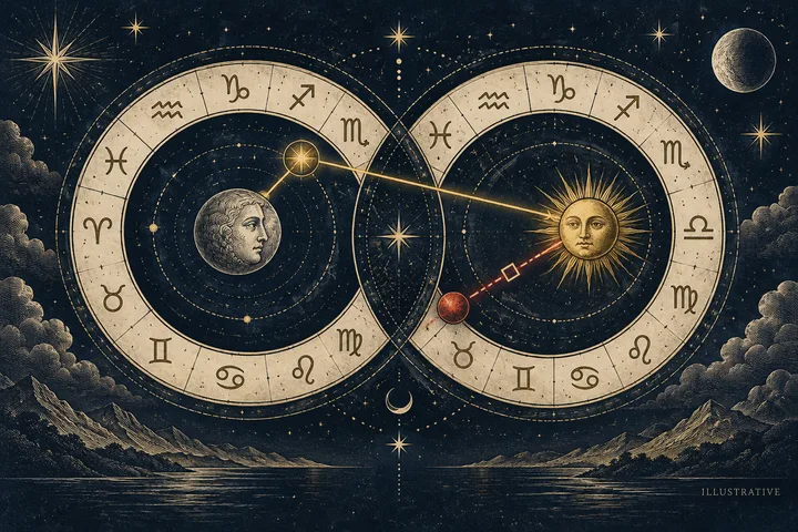 Illustrative overlapping zodiac wheels with circular aspect lines and a bright central sun-like symbol.